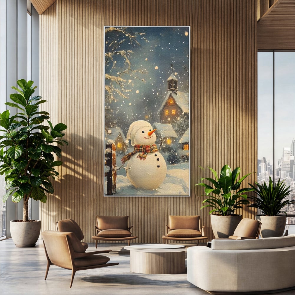 Tablou canvas cu tablou canvas cu om de zapada, in rama de aluminiu argintiu, pe perete intr-un birou