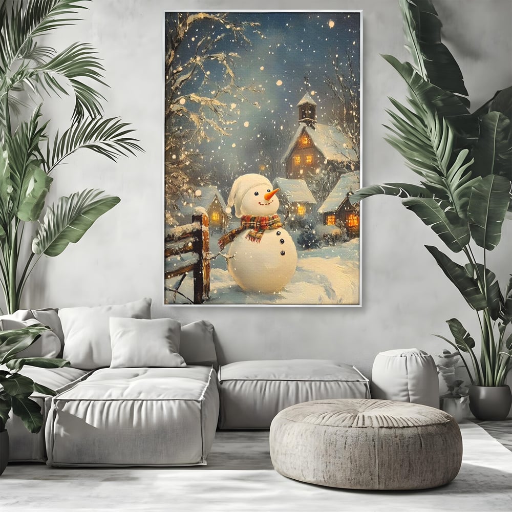 Tablou canvas cu tablou canvas cu om de zapada, in rama de aluminiu argintiu, pe perete intr-un living