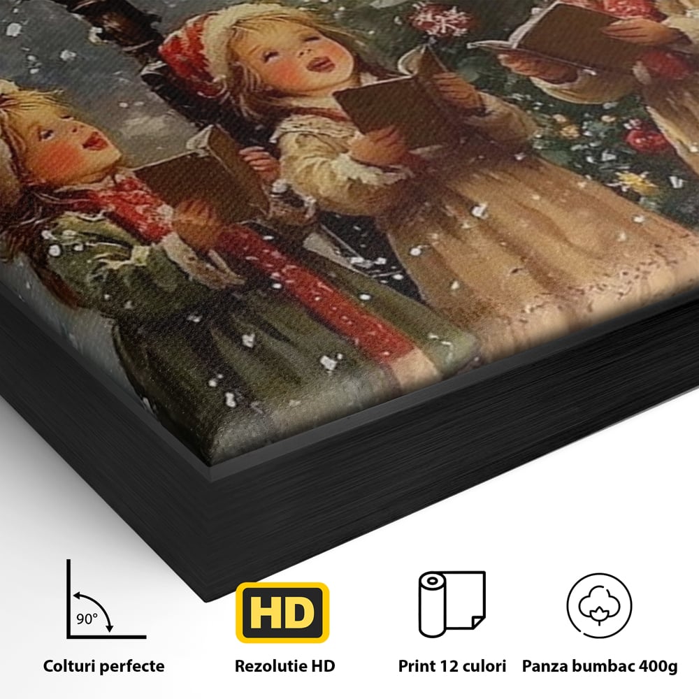Detaliu al suprafetei: pictura cu trei fetite colindatoare, in rama de aluminiu negru