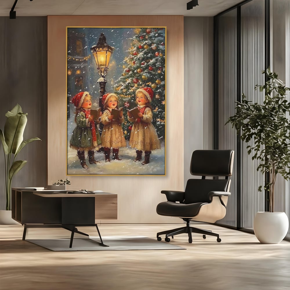 Tablou canvas cu pictura cu trei fetite colindatoare, in rama de aluminiu auriu, pe perete intr-un birou