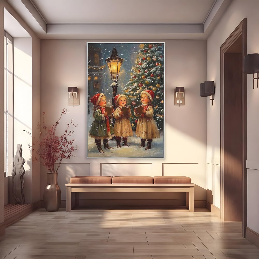 Tablou canvas cu pictura cu trei fetite colindatoare, in rama de aluminiu argintiu