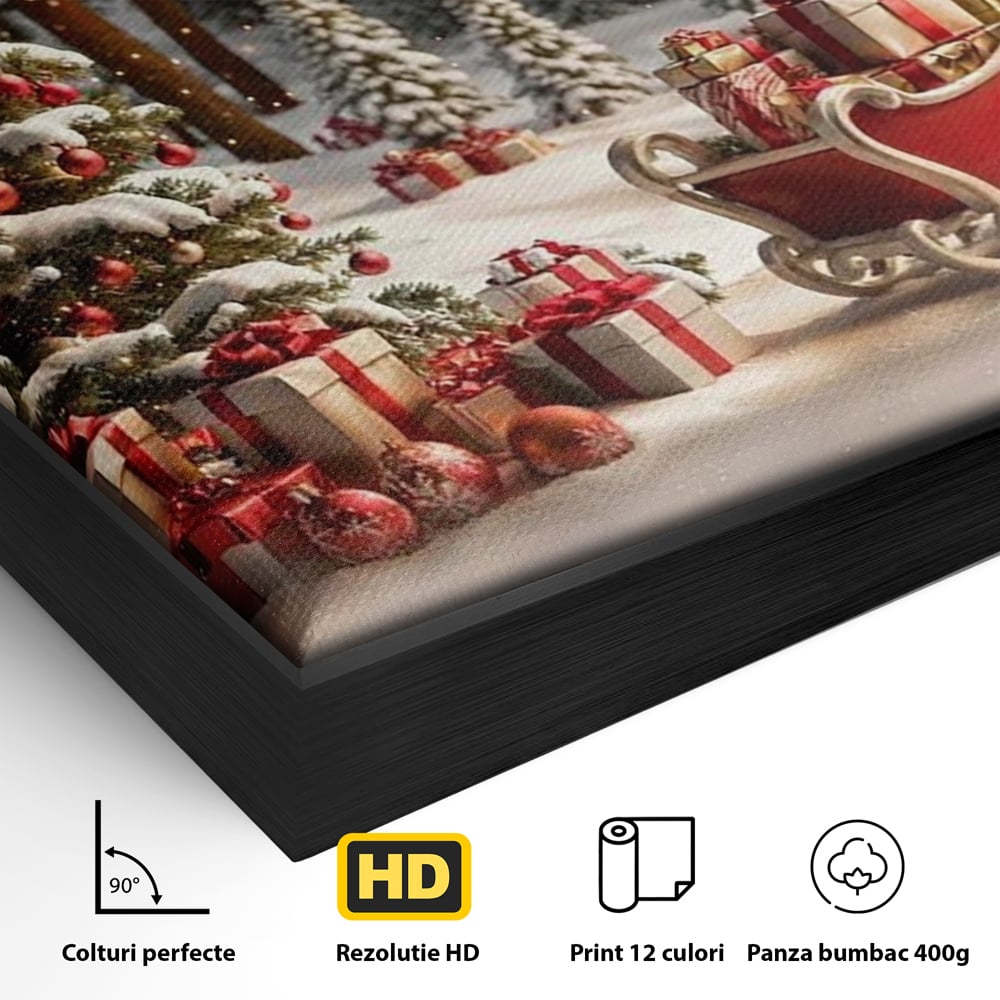 Detaliu al suprafetei: tablou canvas cu peisaj de iarna, in rama de aluminiu negru