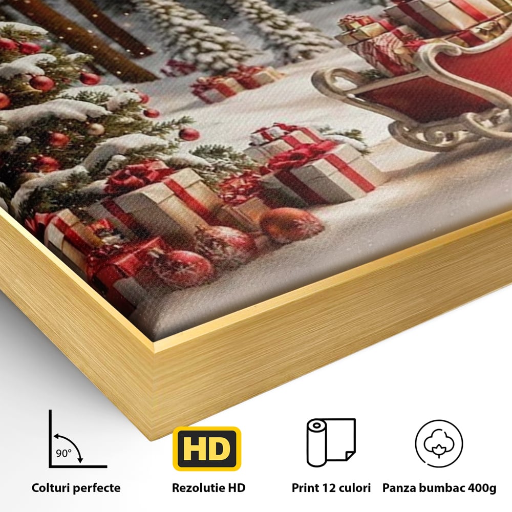 Detaliu al suprafetei: tablou canvas cu peisaj de iarna, in rama de aluminiu auriu