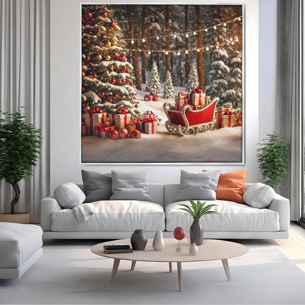 Tablou canvas cu tablou canvas cu peisaj de iarna, in rama de aluminiu argintiu, pe perete intr-un living