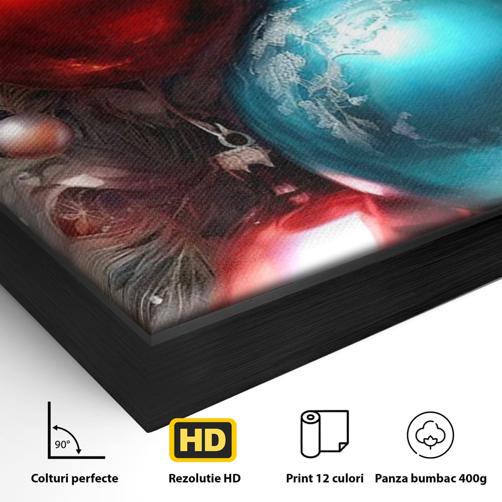 Detaliu al suprafetei: tablou canvas cu globuri de craciun, in rama de aluminiu negru