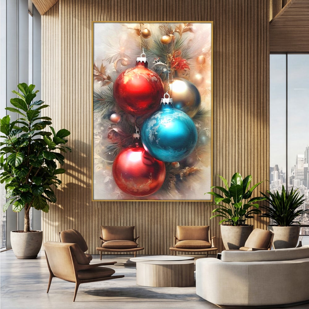 Tablou canvas cu tablou canvas cu globuri de craciun, in rama de aluminiu auriu, pe perete intr-un birou
