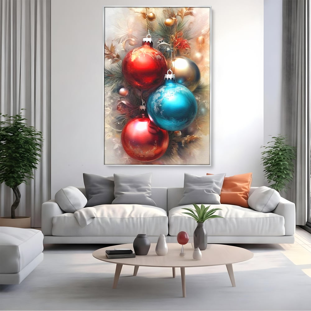 Tablou canvas cu tablou canvas cu globuri de craciun, in rama de aluminiu argintiu, pe perete intr-un living