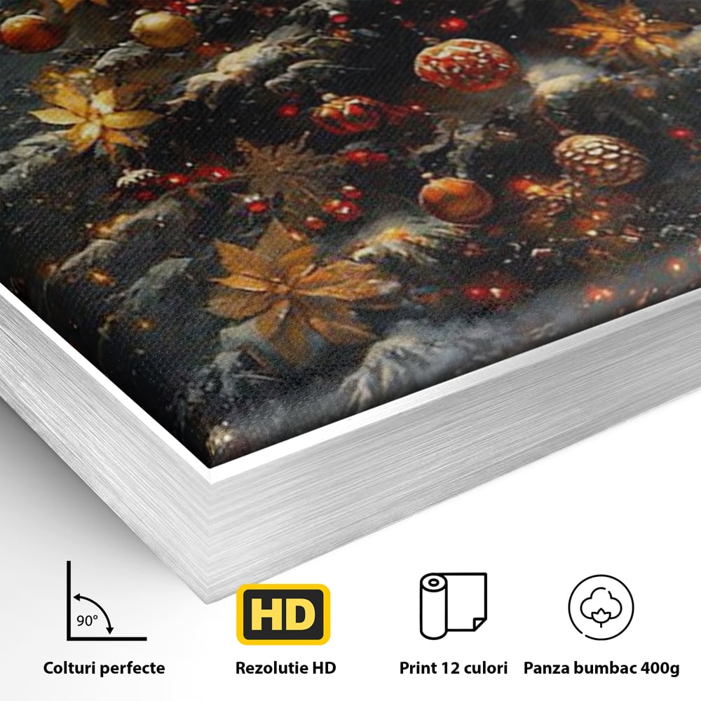 Detaliu al suprafetei: tablou canvas cu brad de craciun luminat, in rama de aluminiu argintiu
