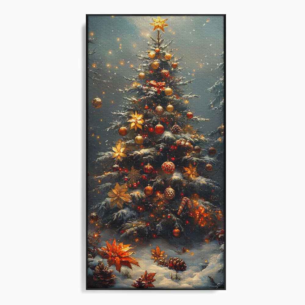 Tablou canvas cu tablou canvas cu brad de craciun luminat, in rama de aluminiu negru