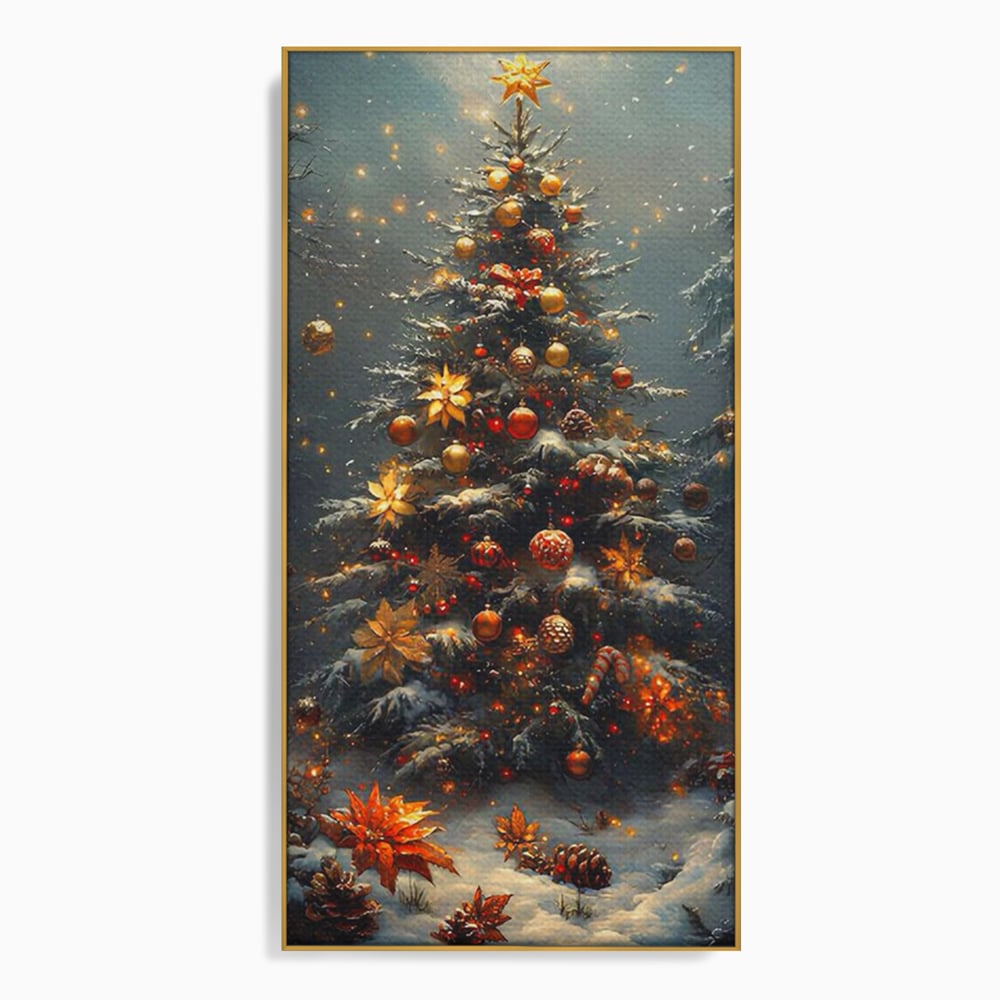 Tablou canvas cu tablou canvas cu brad de craciun luminat, in rama de aluminiu auriu