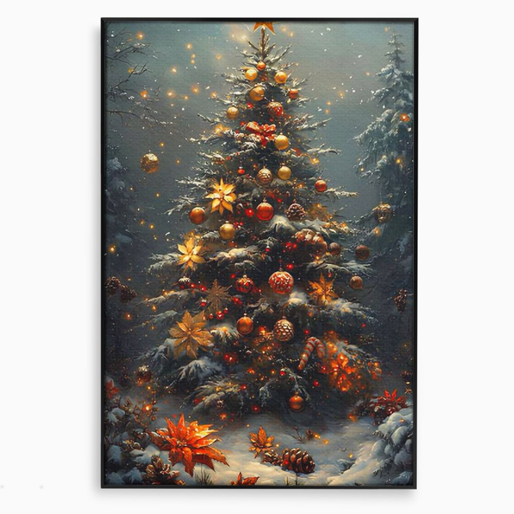 Tablou canvas cu tablou canvas cu brad de craciun luminat, in rama de aluminiu negru