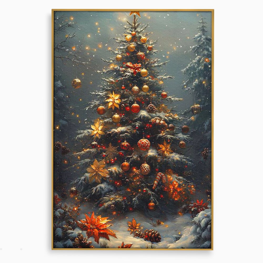 Tablou canvas cu tablou canvas cu brad de craciun luminat, in rama de aluminiu auriu