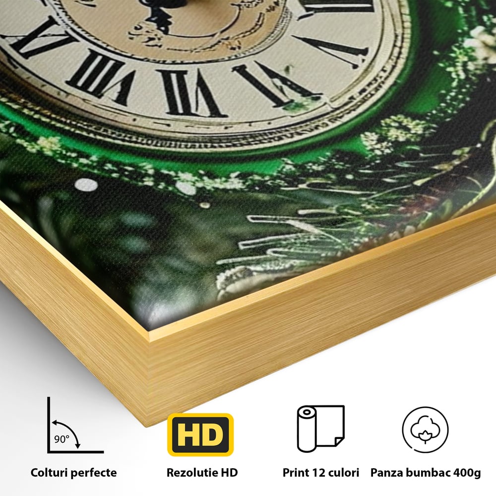 Detaliu al suprafetei: tablou canvas cu ceasornic verde smarald, in rama de aluminiu auriu