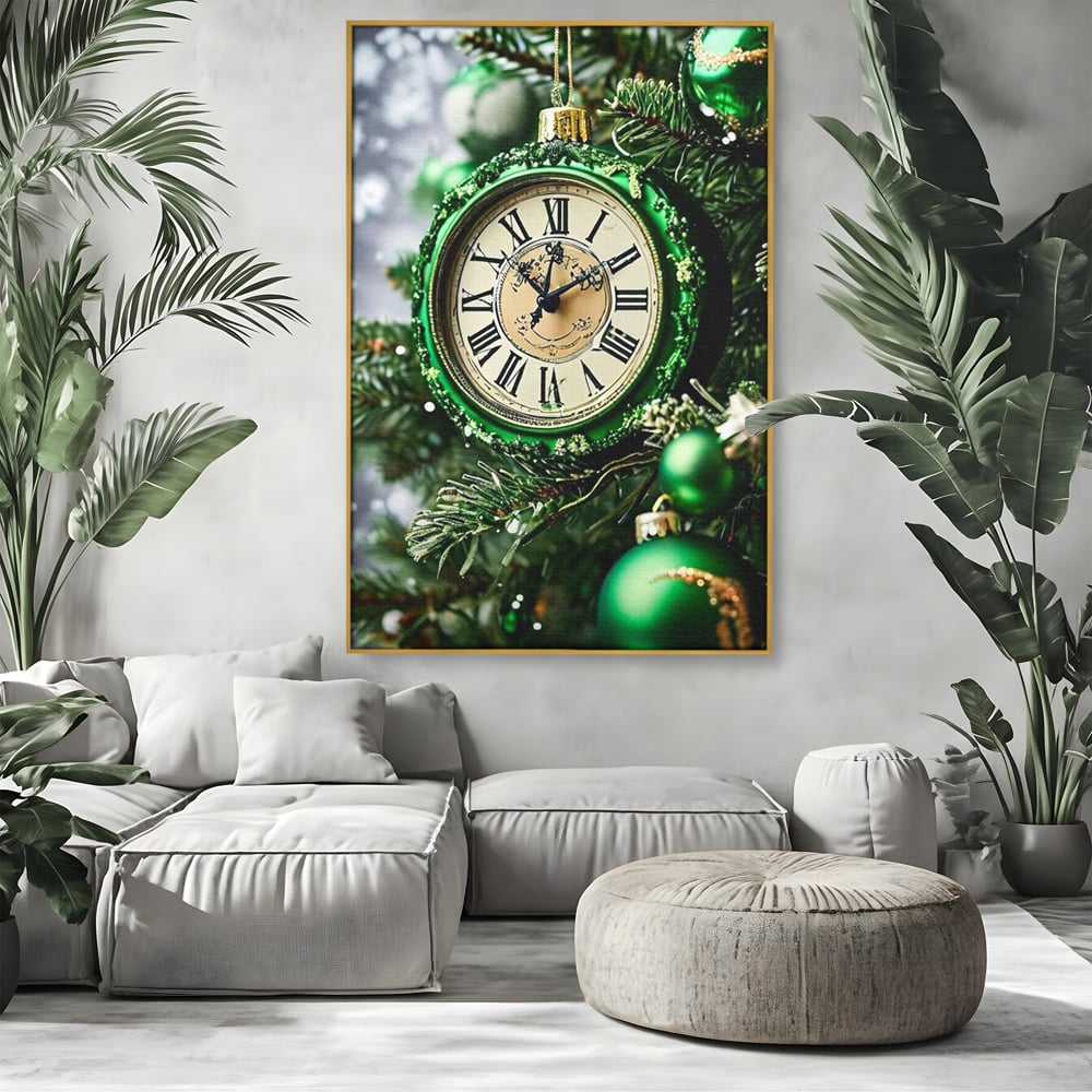 Tablou canvas cu tablou canvas cu ceasornic verde smarald, in rama de aluminiu auriu, pe perete intr-un living