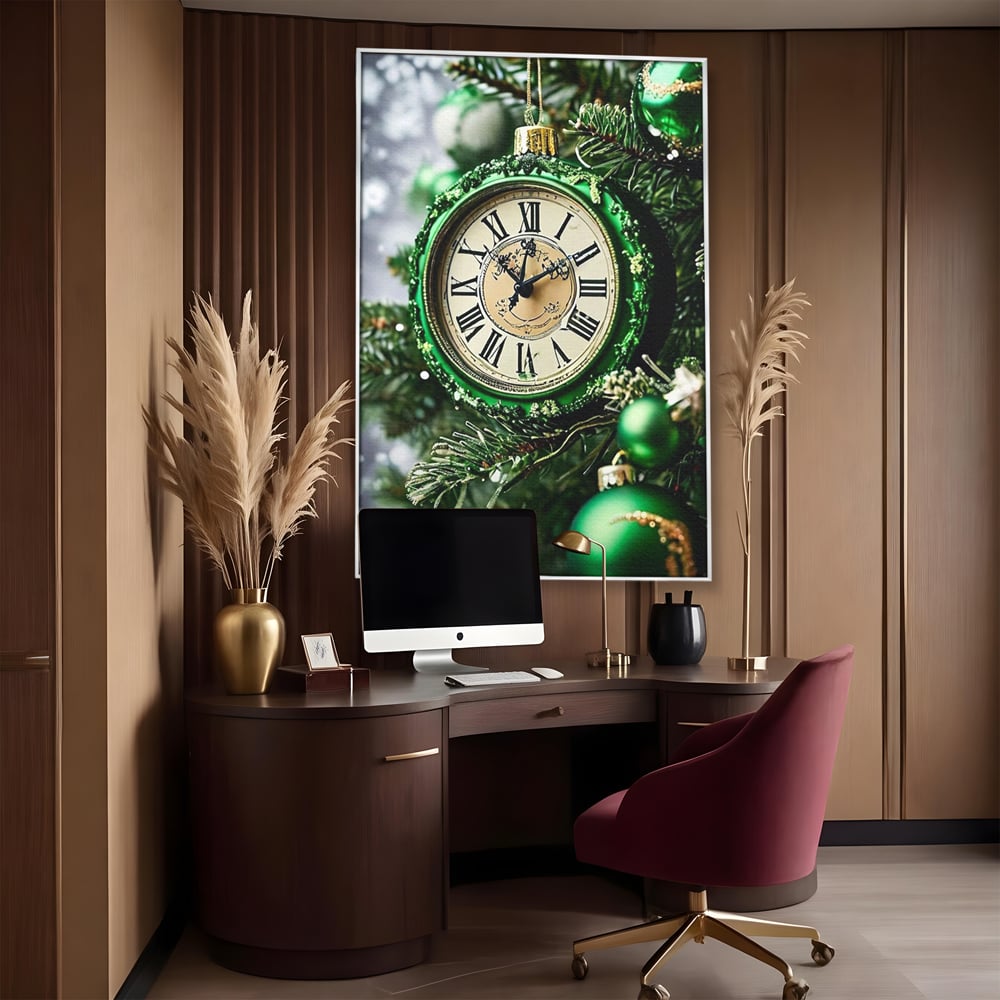 Tablou canvas cu tablou canvas cu ceasornic verde smarald, in rama de aluminiu argintiu, pe perete intr-un birou