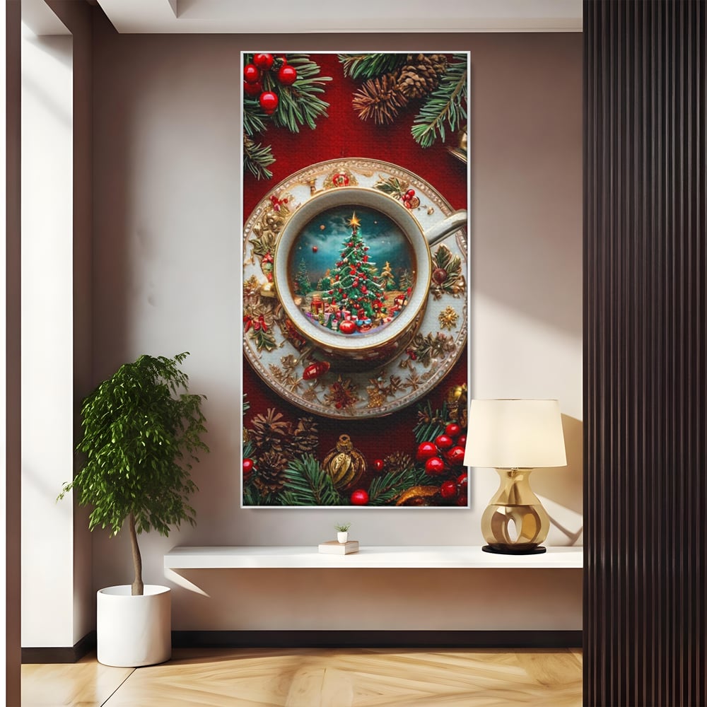 Tablou canvas cu miniatura cu brad de craciun in ceasca, in rama de aluminiu argintiu
