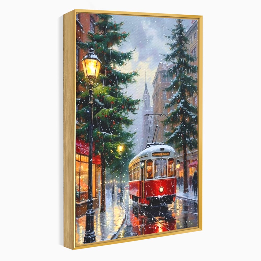 Tablou canvas cu pictura cu tramvai rosu in ninsoare, in rama de aluminiu auriu