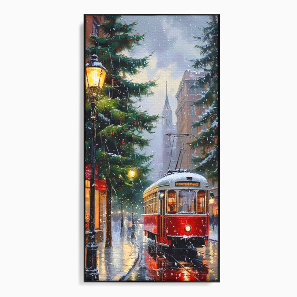 Tablou canvas cu pictura cu tramvai rosu in ninsoare, in rama de aluminiu negru