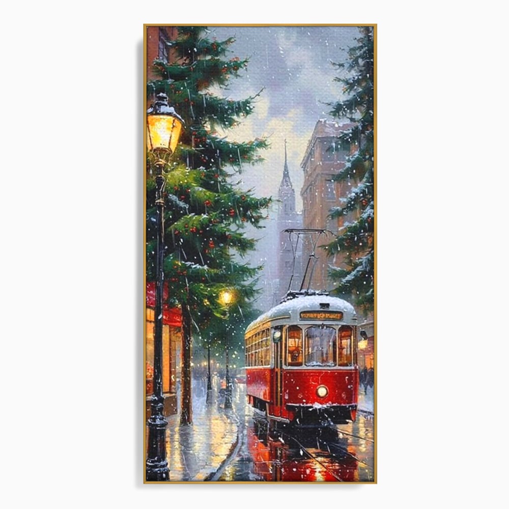 Tablou canvas cu pictura cu tramvai rosu in ninsoare, in rama de aluminiu auriu