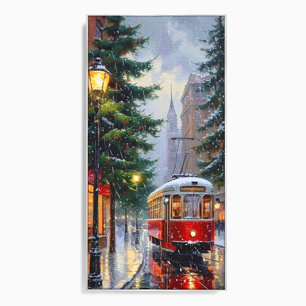 Tablou canvas cu pictura cu tramvai rosu in ninsoare, in rama de aluminiu argintiu