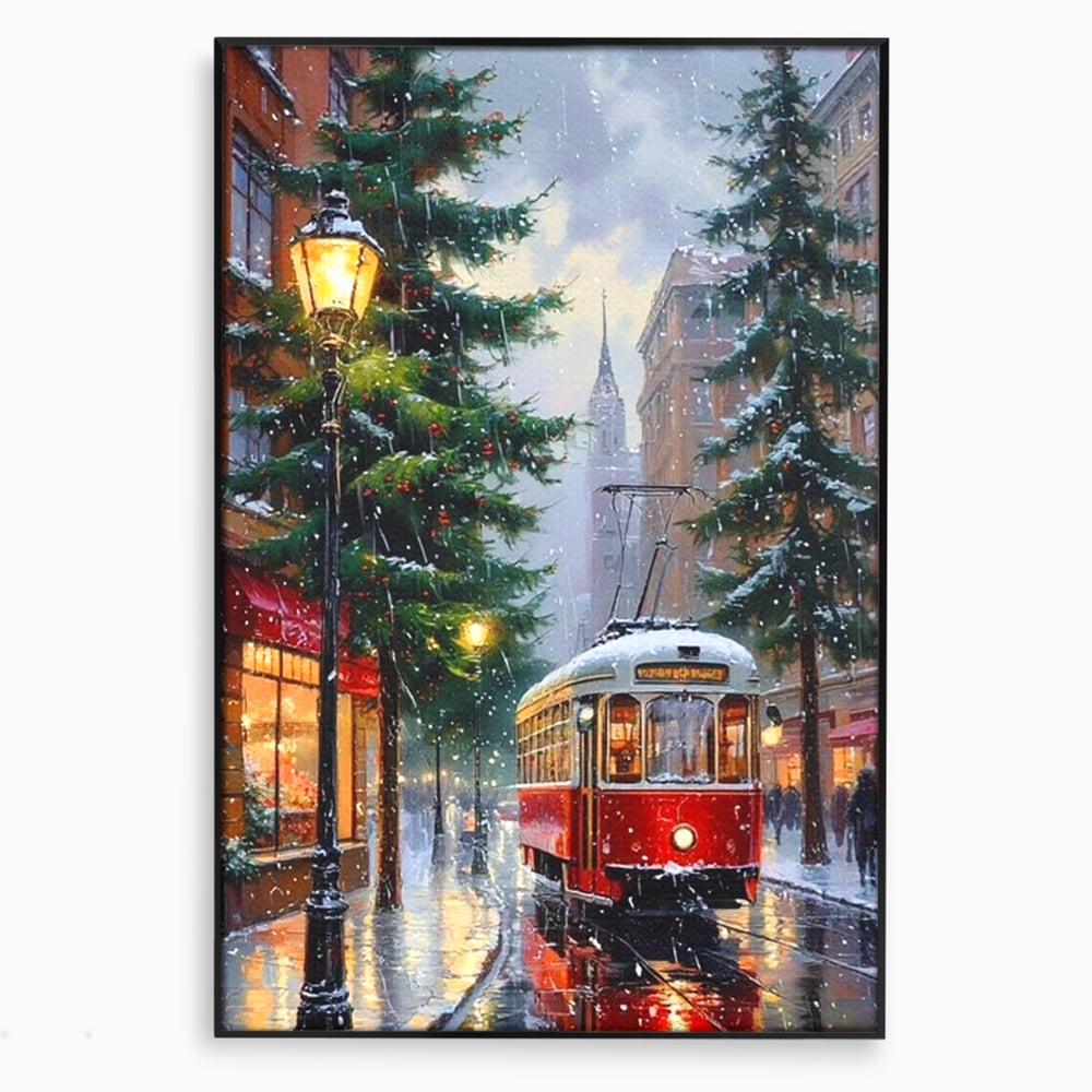 Tablou canvas cu pictura cu tramvai rosu in ninsoare, in rama de aluminiu negru
