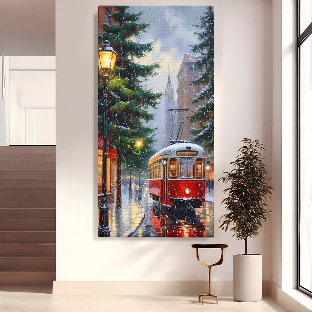 Tablou canvas cu pictura cu tramvai rosu in ninsoare, fara rama, pe sasiu de lemn