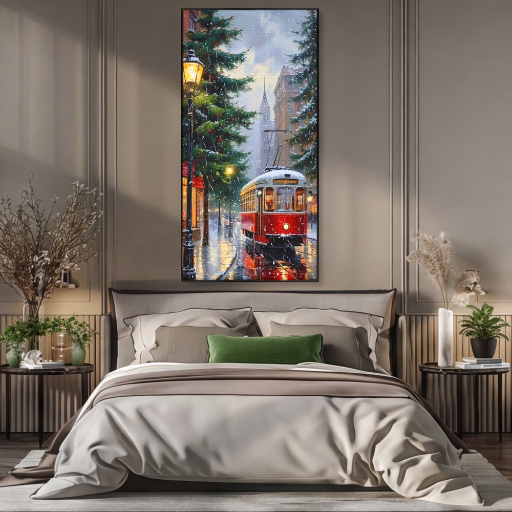 Tablou canvas cu pictura cu tramvai rosu in ninsoare, in rama de aluminiu negru, pe perete intr-un dormitor