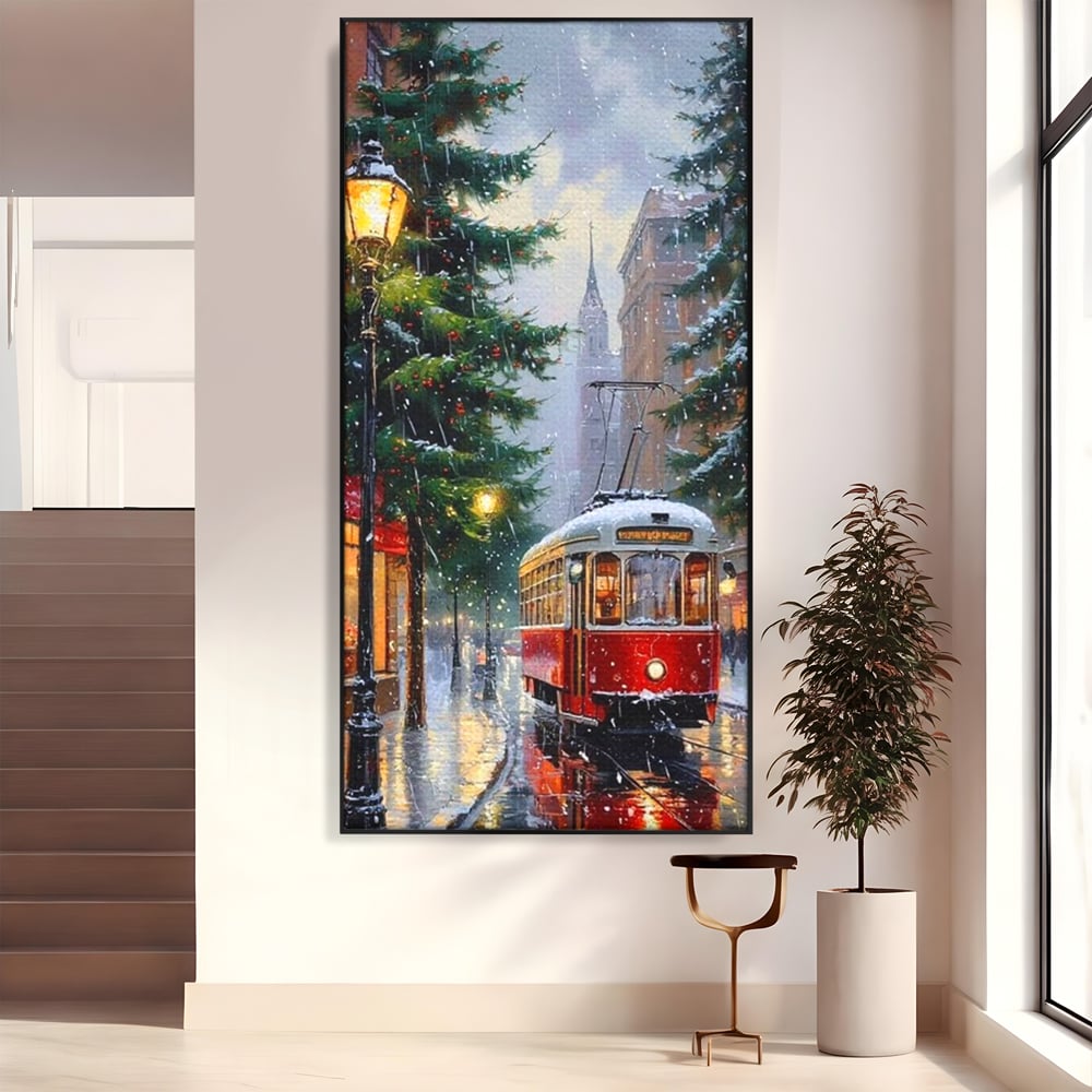 Tablou canvas cu pictura cu tramvai rosu in ninsoare, in rama de aluminiu negru