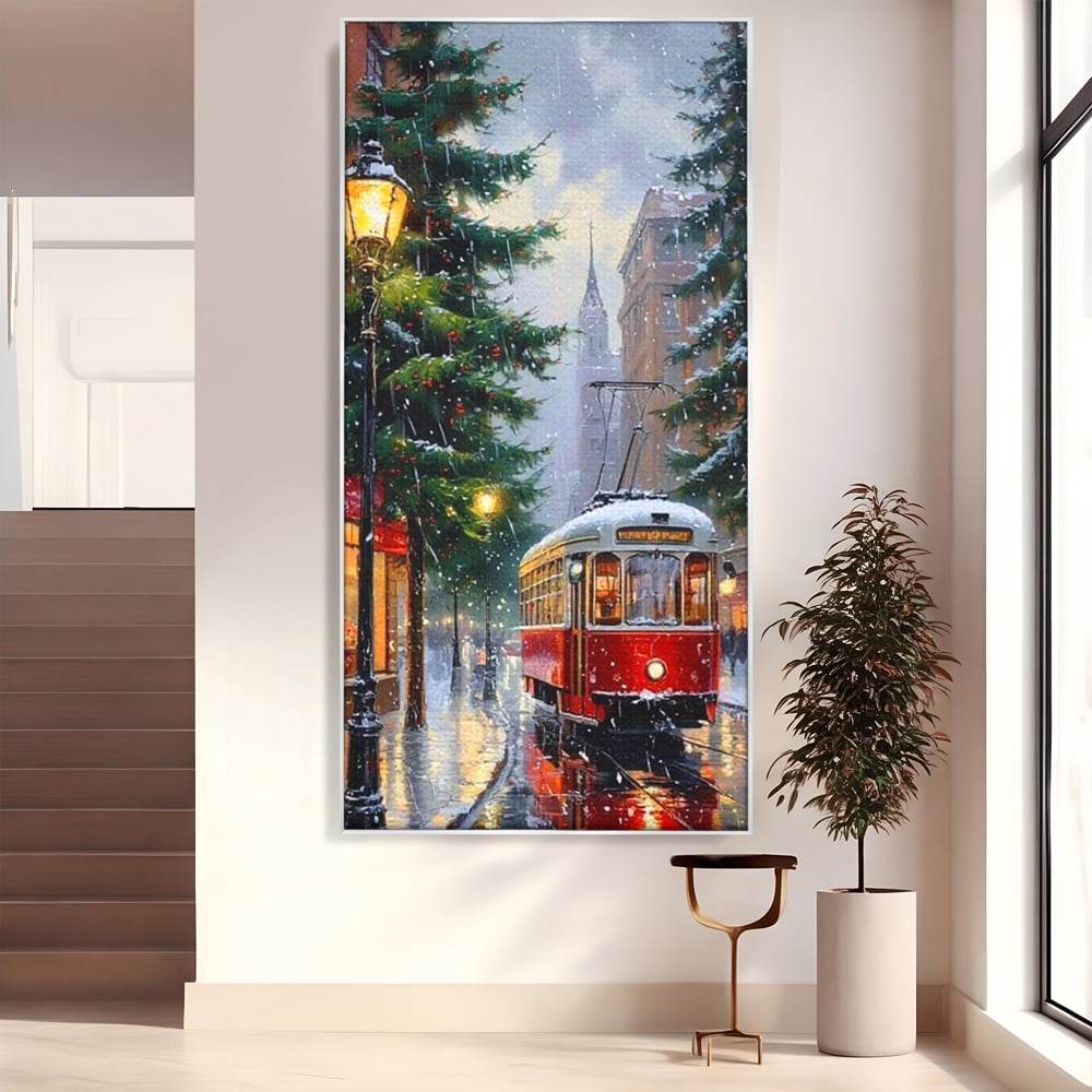 Tablou canvas cu pictura cu tramvai rosu in ninsoare, in rama de aluminiu argintiu