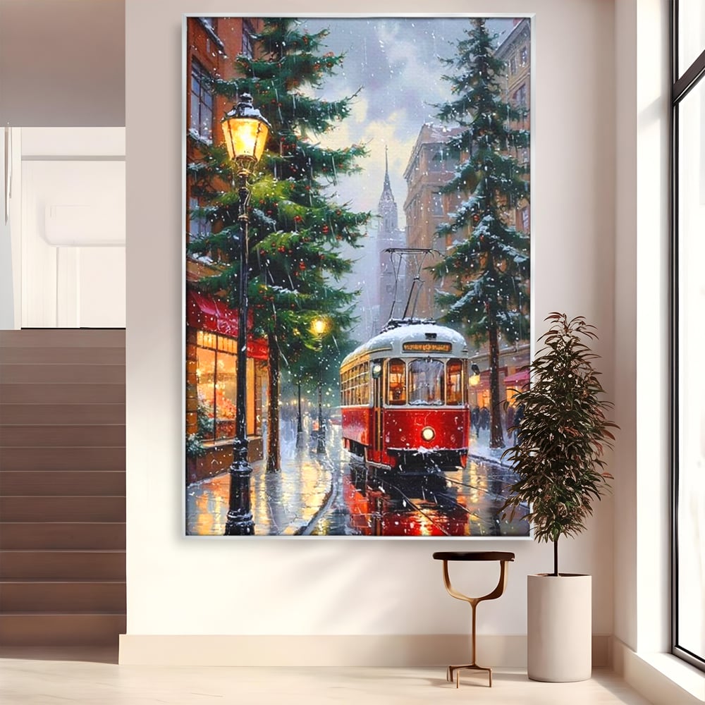Tablou canvas cu pictura cu tramvai rosu in ninsoare, in rama de aluminiu argintiu
