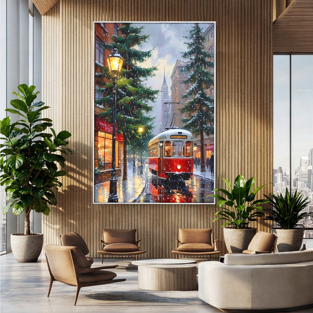 Tablou canvas cu pictura cu tramvai rosu in ninsoare, in rama de aluminiu argintiu, pe perete intr-un birou