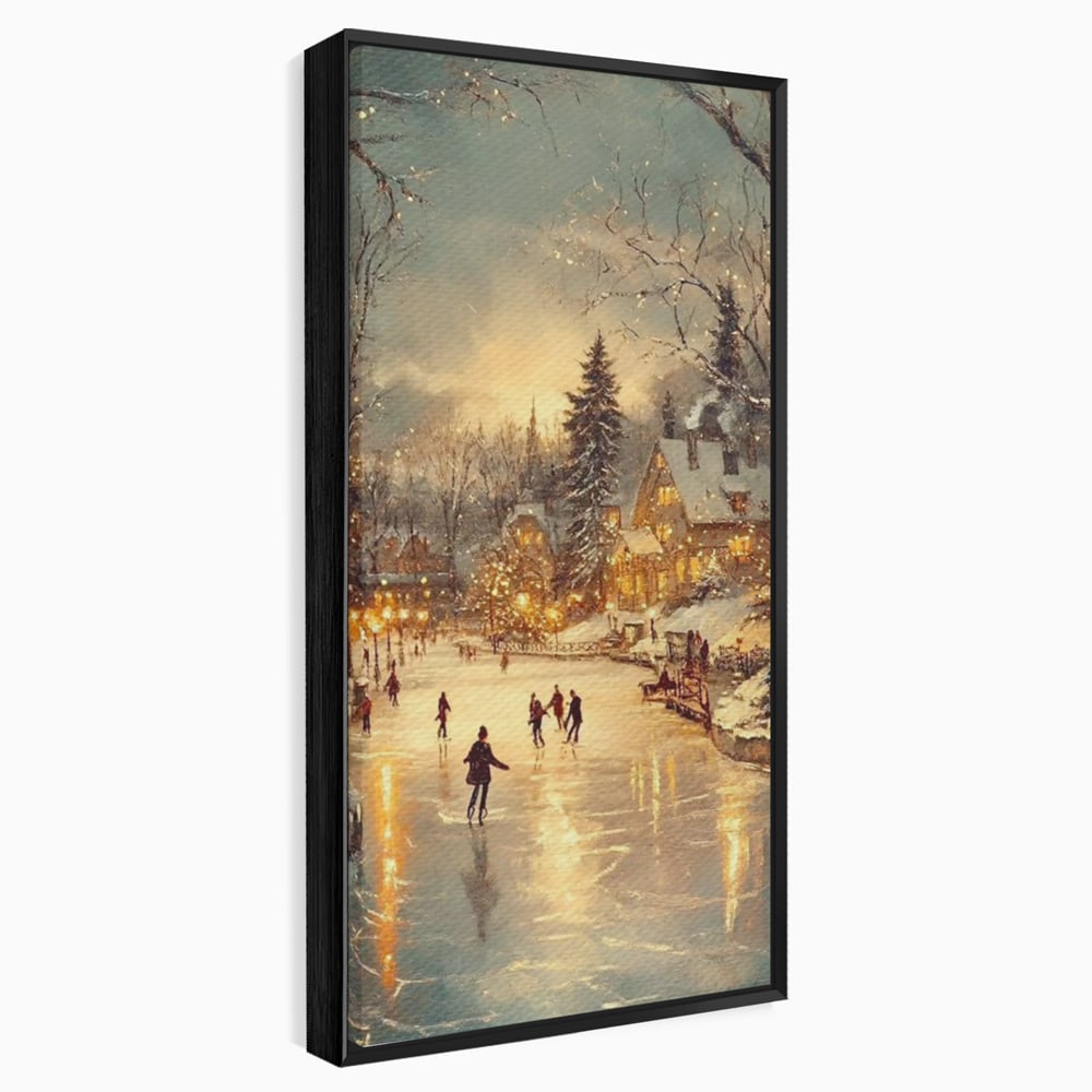 Tablou canvas cu pictura cu patinatori pe gheata de iarna, in rama de aluminiu negru