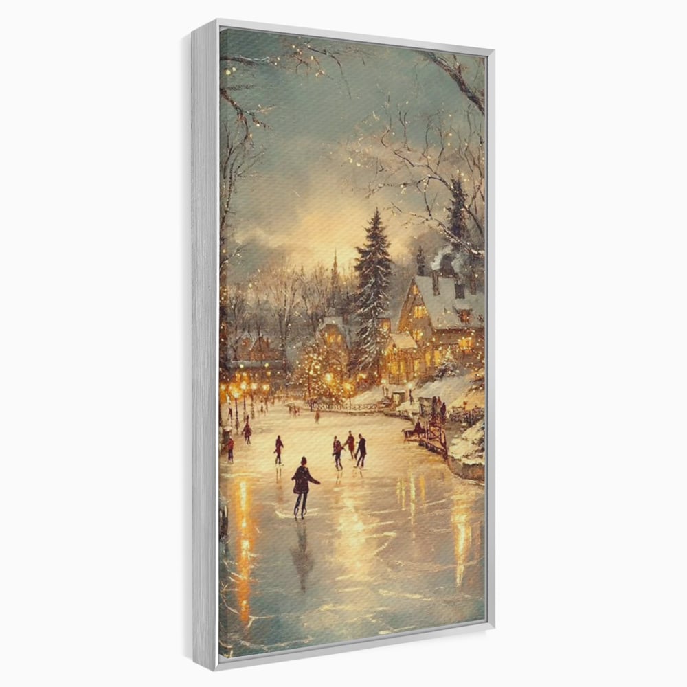 Tablou canvas cu pictura cu patinatori pe gheata de iarna, in rama de aluminiu argintiu