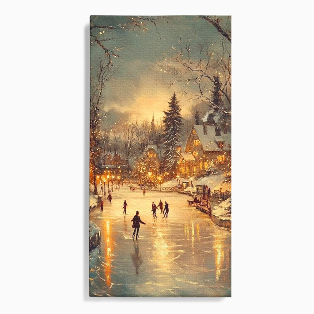 Tablou canvas cu pictura cu patinatori pe gheata de iarna, fara rama, pe sasiu de lemn