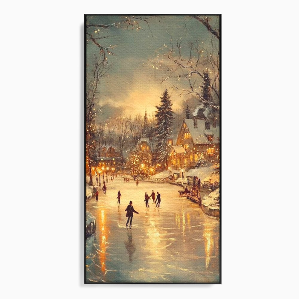 Tablou canvas cu pictura cu patinatori pe gheata de iarna, in rama de aluminiu negru