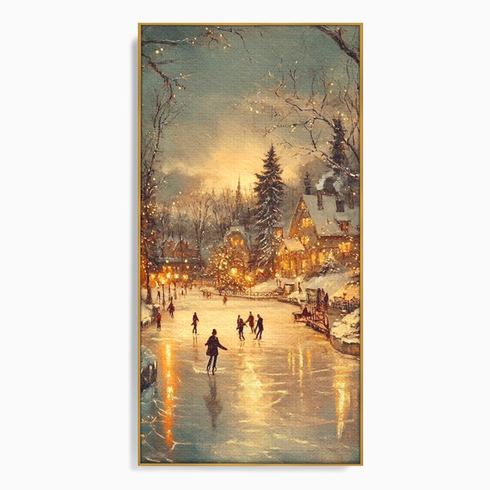Tablou canvas cu pictura cu patinatori pe gheata de iarna, in rama de aluminiu auriu