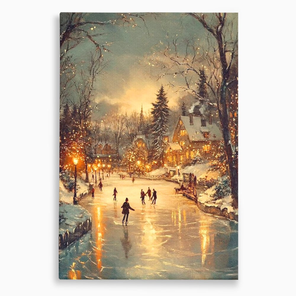 Tablou canvas cu pictura cu patinatori pe gheata de iarna, fara rama, pe sasiu de lemn