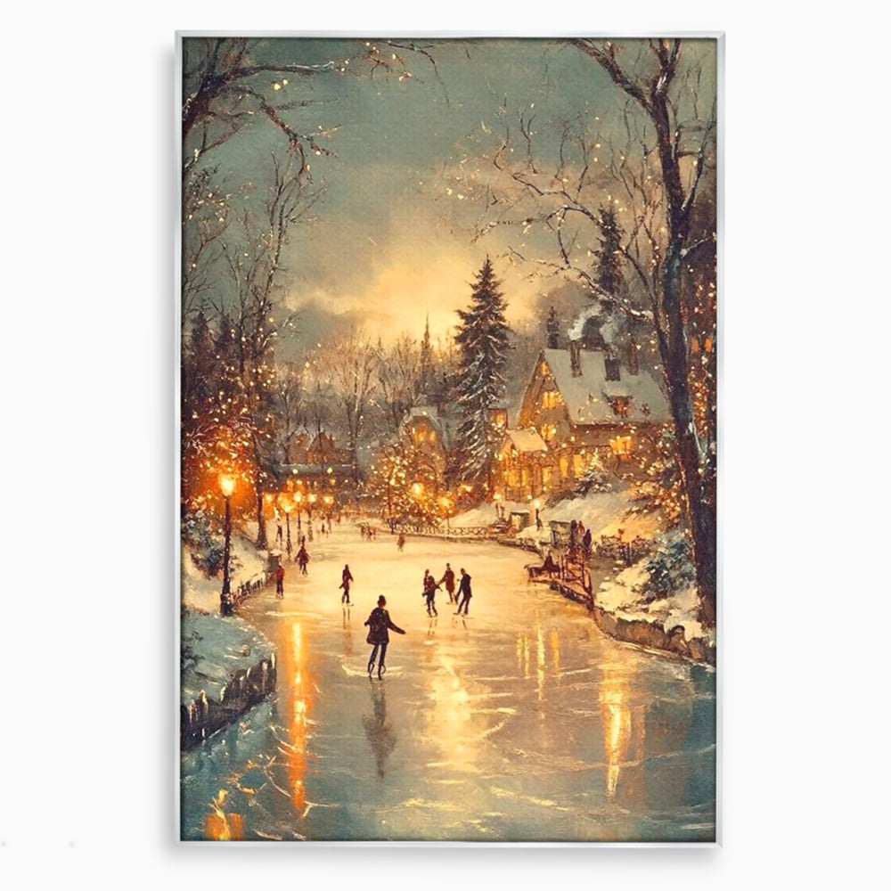 Tablou canvas cu pictura cu patinatori pe gheata de iarna, in rama de aluminiu argintiu