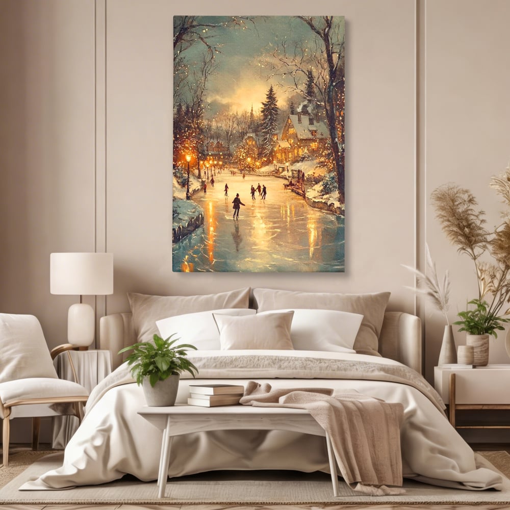 Tablou canvas cu pictura cu patinatori pe gheata de iarna, fara rama, pe sasiu de lemn, pe perete intr-un dormitor