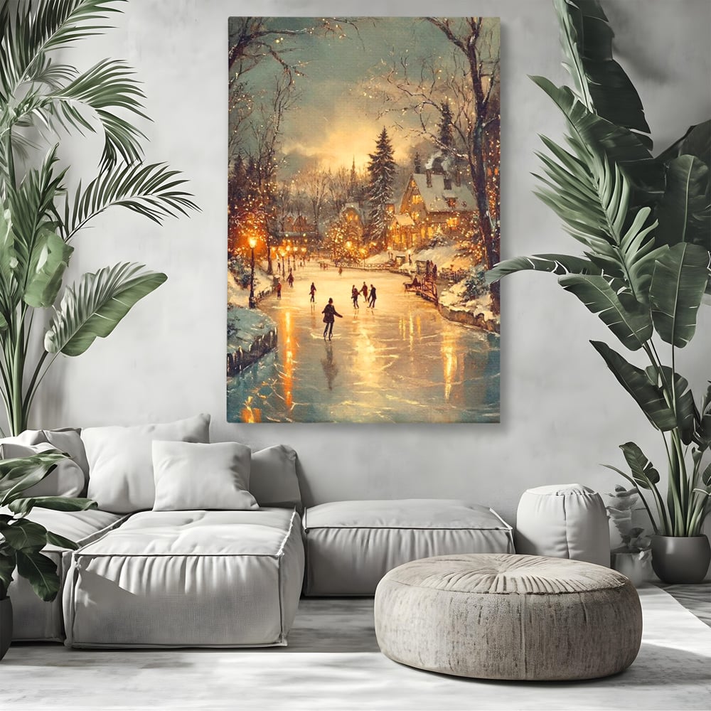 Tablou canvas cu pictura cu patinatori pe gheata de iarna, fara rama, pe sasiu de lemn, pe perete intr-un living