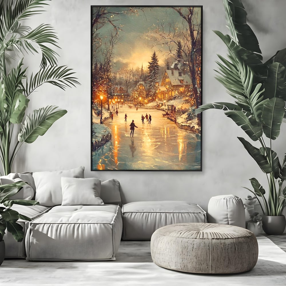 Tablou canvas cu pictura cu patinatori pe gheata de iarna, in rama de aluminiu negru, pe perete intr-un living