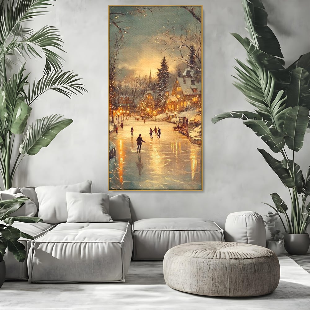Tablou canvas cu pictura cu patinatori pe gheata de iarna, in rama de aluminiu auriu, pe perete intr-un living