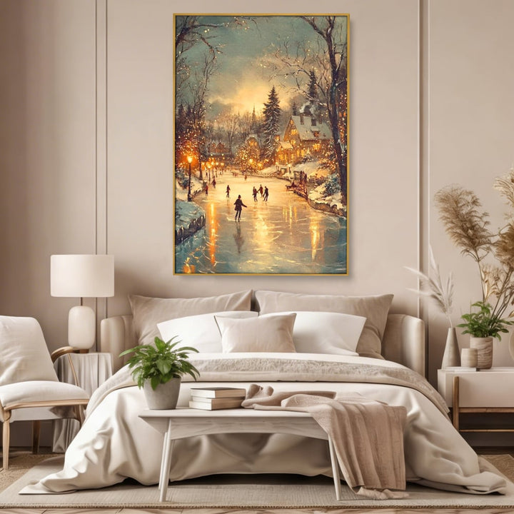 Tablou canvas cu pictura cu patinatori pe gheata de iarna, in rama de aluminiu auriu, pe perete intr-un dormitor