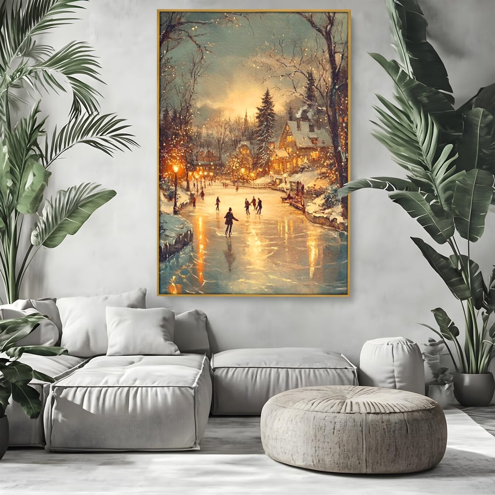 Tablou canvas cu pictura cu patinatori pe gheata de iarna, in rama de aluminiu auriu, pe perete intr-un living