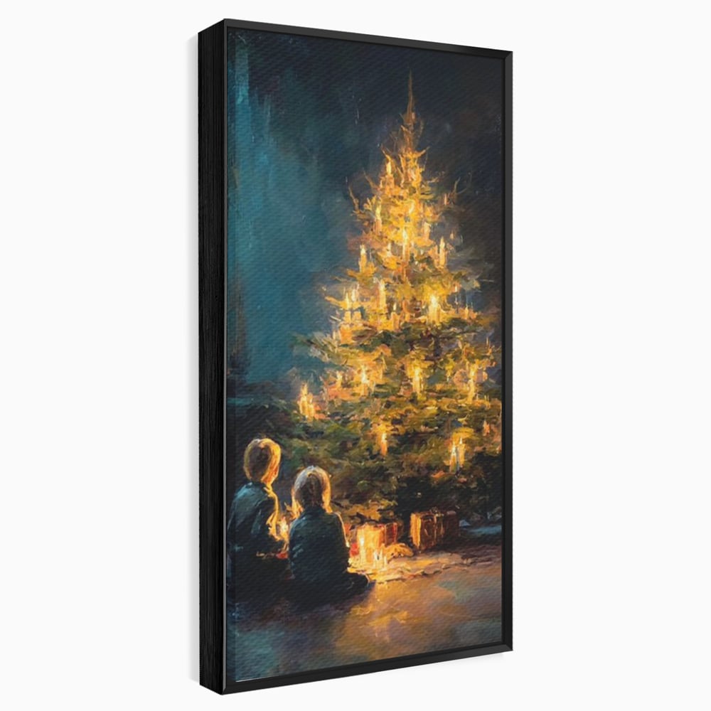 Tablou canvas cu pictura copii brad de craciun, in rama de aluminiu negru