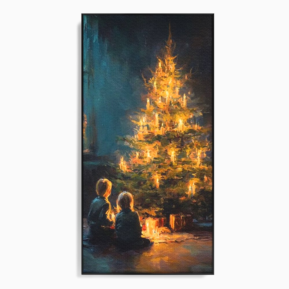 Tablou canvas cu pictura copii brad de craciun, in rama de aluminiu negru