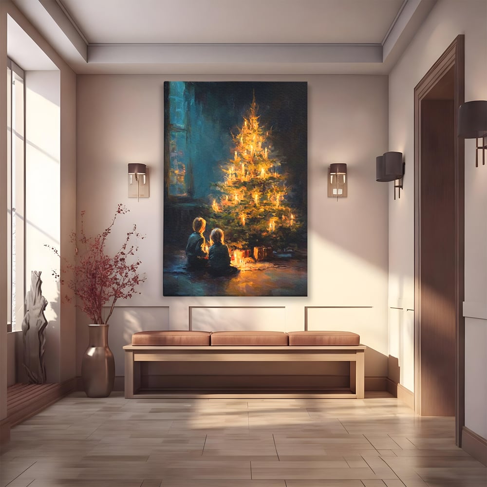 Tablou canvas cu pictura copii brad de craciun, fara rama, pe sasiu de lemn