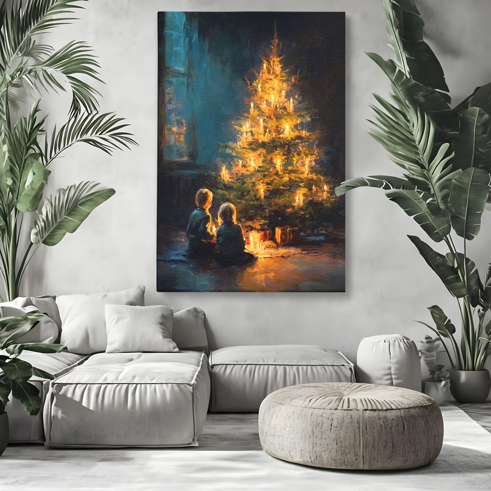 Tablou canvas cu pictura copii brad de craciun, fara rama, pe sasiu de lemn, pe perete intr-un living