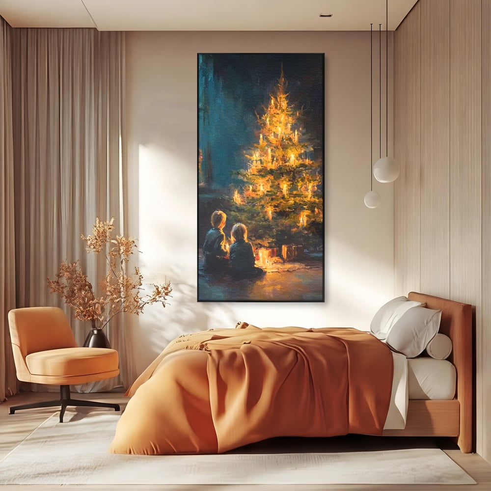 Tablou canvas cu pictura copii brad de craciun, in rama de aluminiu negru, pe perete intr-un dormitor