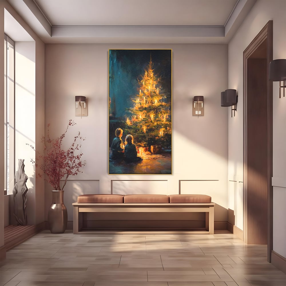 Tablou canvas cu pictura copii brad de craciun, in rama de aluminiu auriu